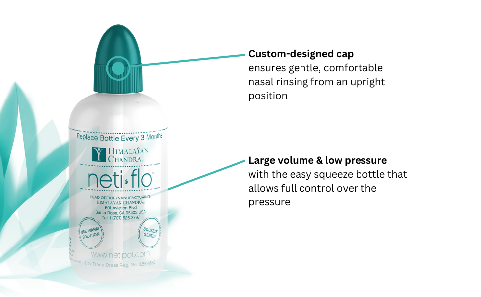 Custom-designed cap ensures gentle, comfortable nasal rinsing from an upright position