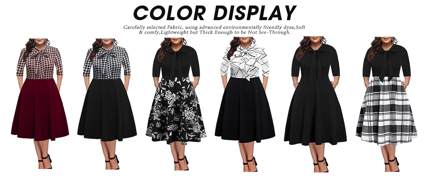 Plus Size Dresses for Women 3/4 Sleeve vintage Bow Tie Neck Formal Casual Office Work with Pockets