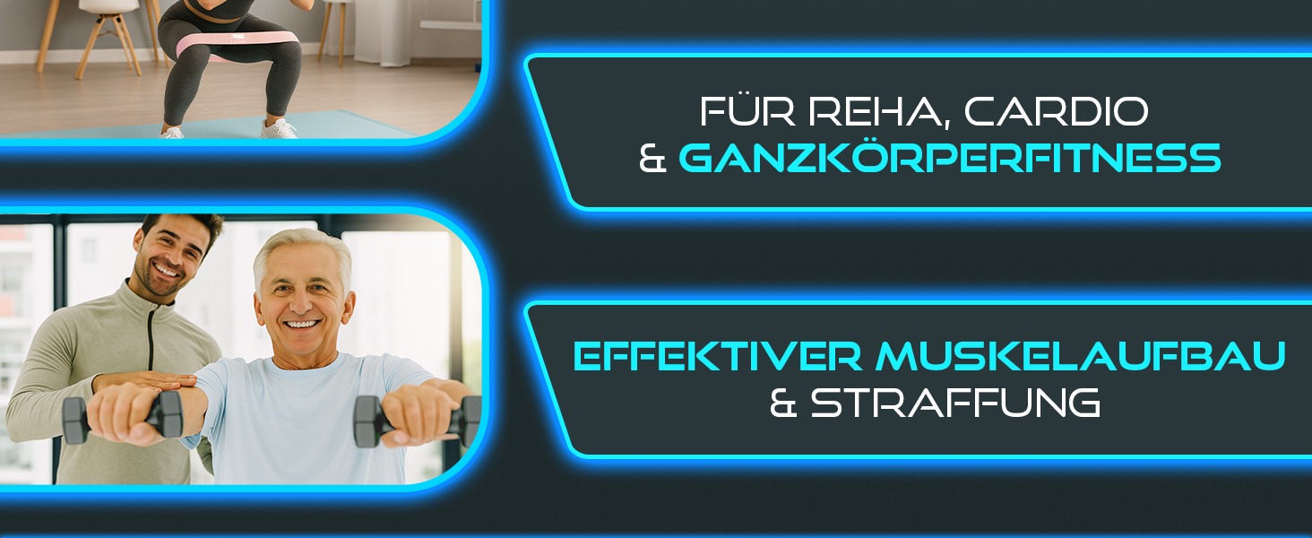 Der Text lautet „FUNKTIONALE CARDIO & GANZKÖRPERFITNESS“ und „EFFEKTIVER MUSKELAUFBAU & STRAFFUNG“. Blaues Interface-Panel-Design mit weißem Text in Deutsch.