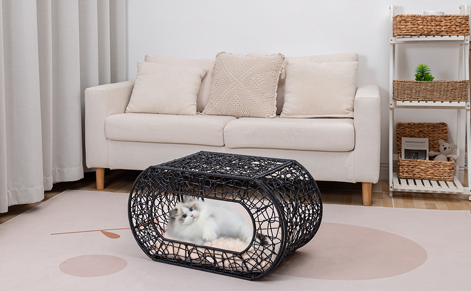 OEHID Wicker Cat Beds Condo for Indoor Outdoor, Rattan Cat