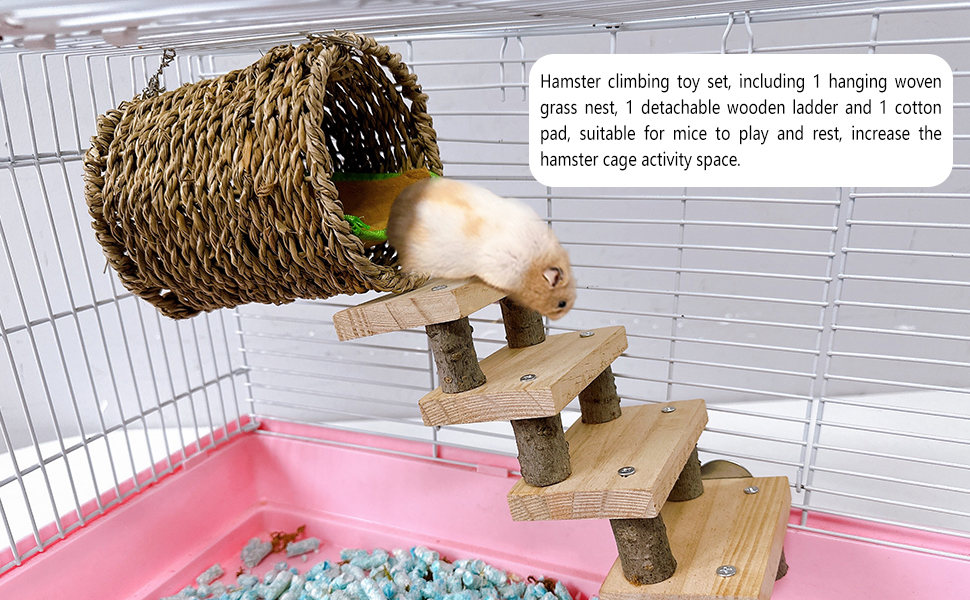 Hamiledyi Hamster Climbing Ladder Wood Stair and Hanging Hammock Set Wooden Molar Toys Cage Accessories for Syrian Hamster Gerbil Mice 12 Hamster wooden ladder and hammock