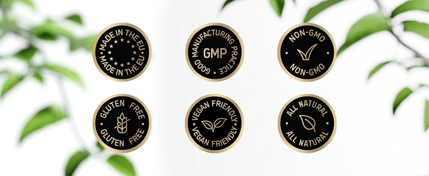 a set of four black and gold stickers with text on them.