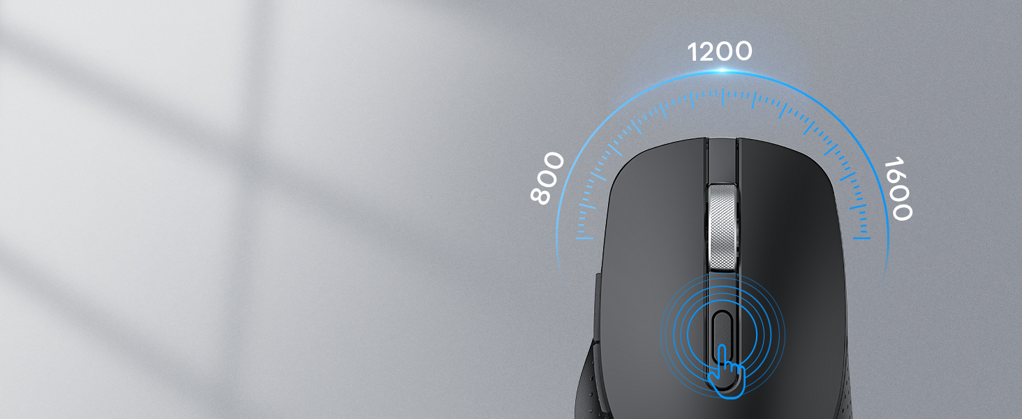 Black wireless computer mouse with DPI settings indicator showing 800-1200-1600 range.
