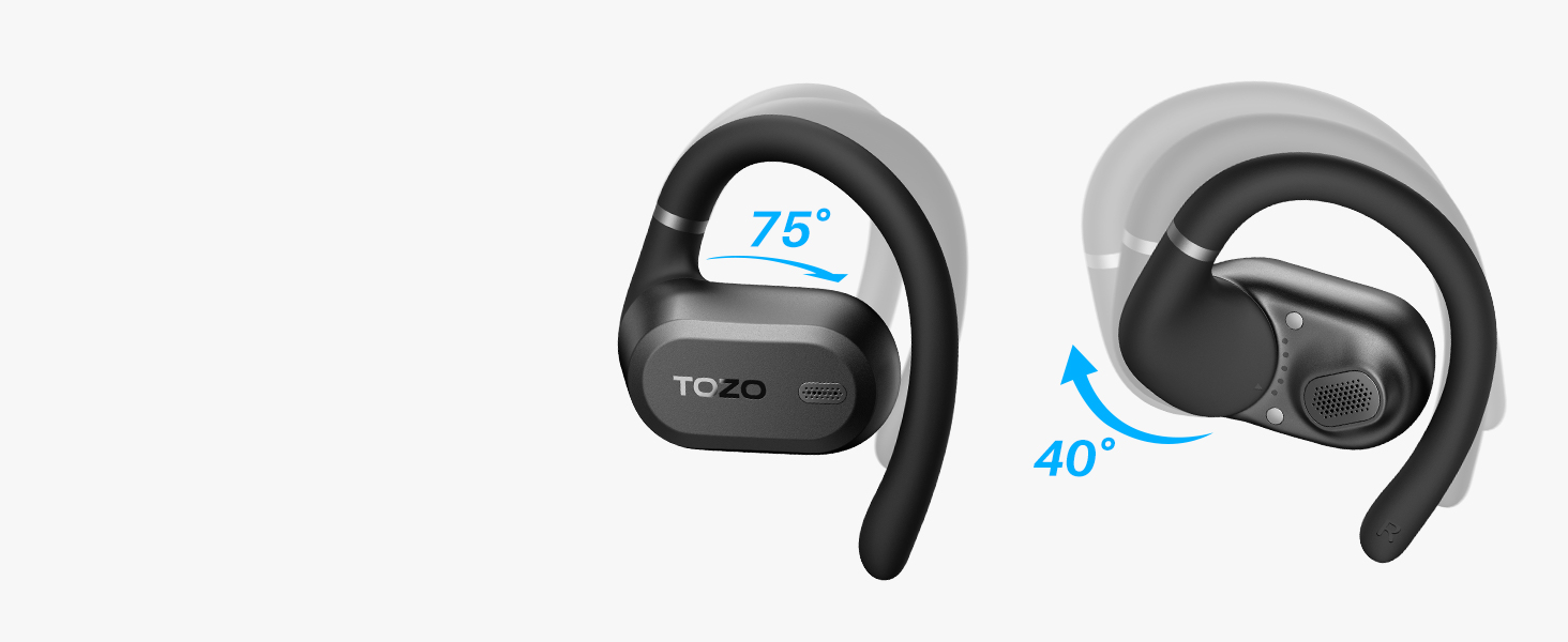 Multiple views of wireless earbuds showing various angles and components, with technical diagrams indicating fit and adjustment features.