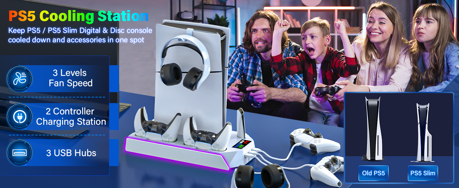 PS5 Slim Cooling Station with Controller Charging Station for Playstation 5 Console Disc/Digital,