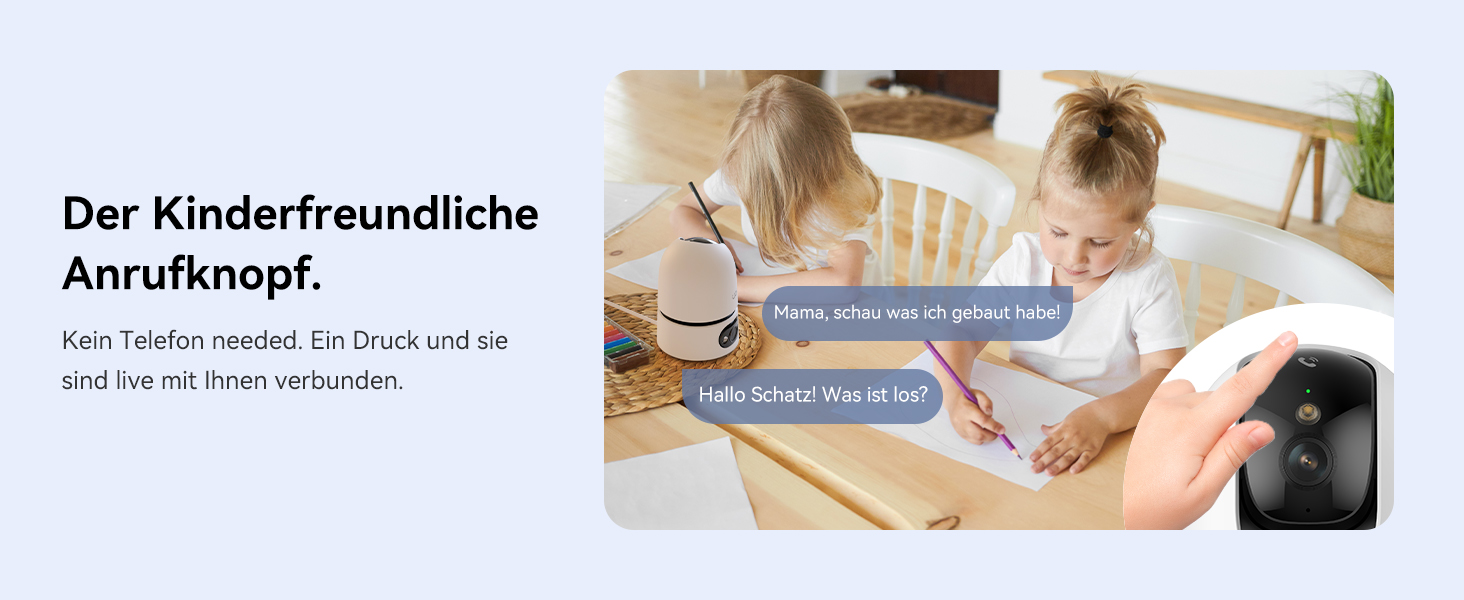 Der Text lautet „Der Kinderfreundliche Anrufprof.“ Das Bild zeigt eine Lern- oder Bildungsaktivität mit Schreibmaterial auf einer hellen Oberfläche.