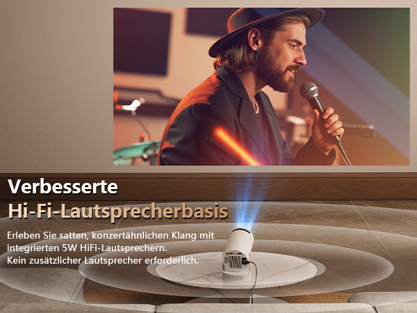 Plattenspieler mit integrierten 5-W-HiFi-Lautsprechern für konzertähnlichen Sound. Text: „Verbesserte Hi-Fi-Lautsprecherbasis“. Eingabestift auf Schallplatte