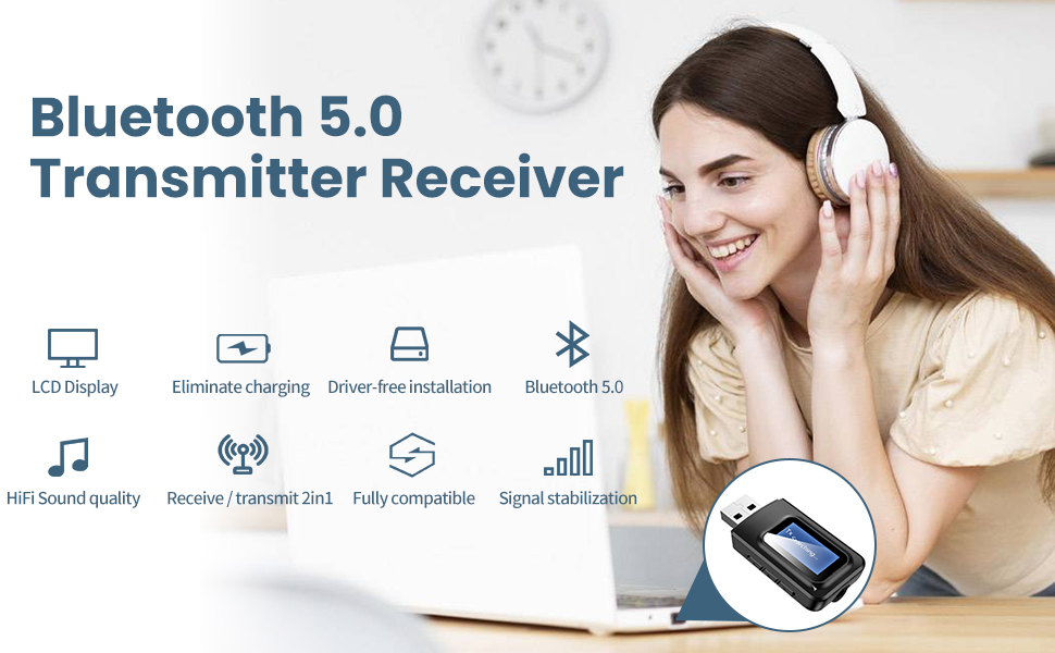 Geva Bluetooth Adapter, Bluetooth 5.0 Transmitter and Receiver with LCD