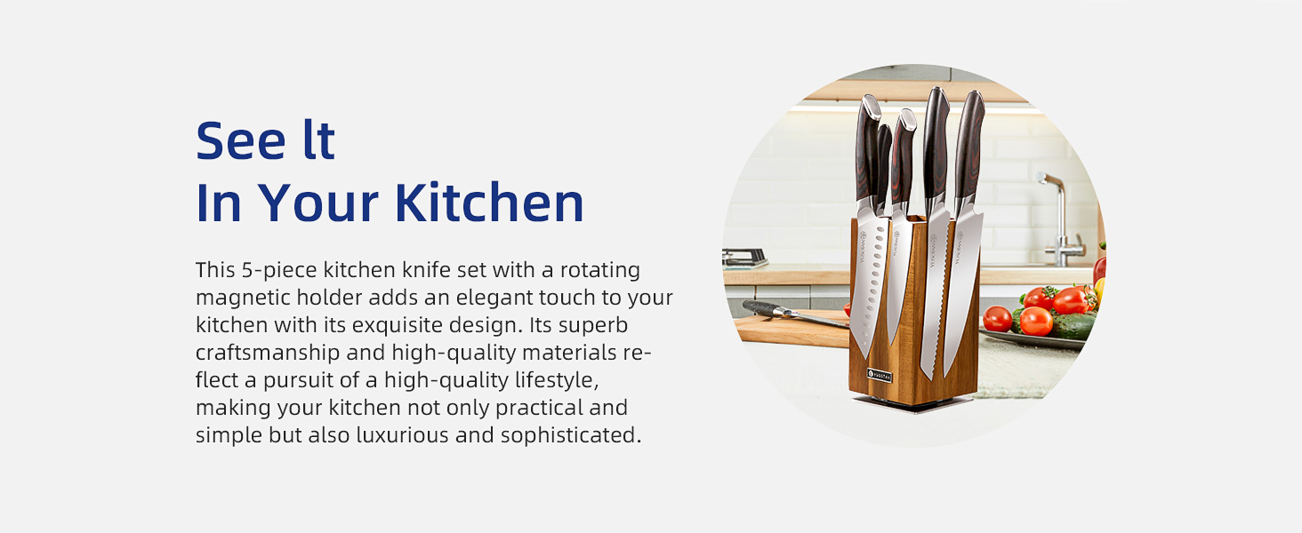 kitchen knife set with a wooden magnetic knife holder