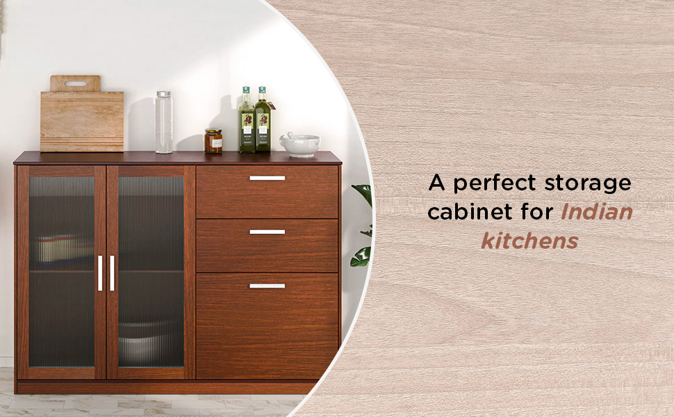 Nilkamal Meliff Engineered Wood Crockery 2 Closed Shelf and 3 Drawer (Finish Color