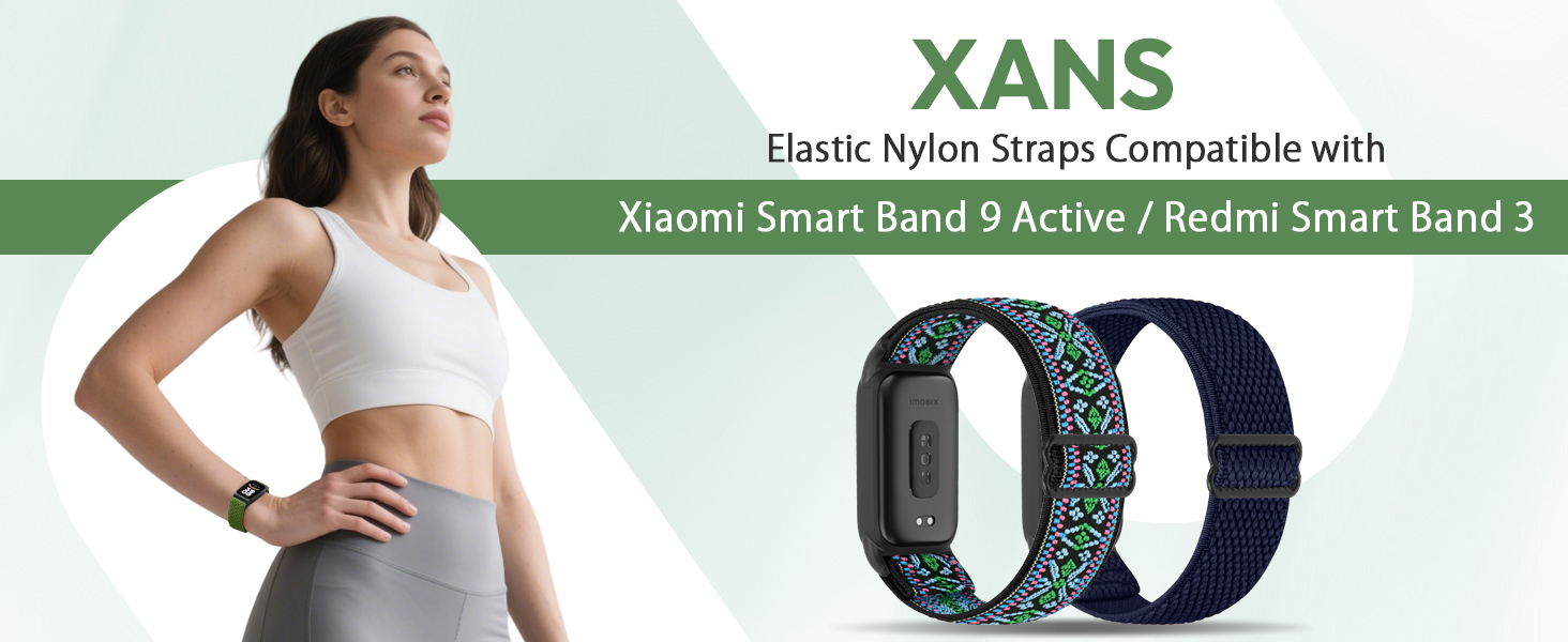 Text reads 'XANS' with green banner. Product image shows smart band/fitness tracker with two band options in teal and navy blue colors.