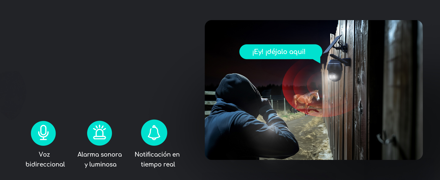 Interface de aplicação móvel que mostra três ícones circulares azul-turco com símbolos para gravação de voz, captura de vídeo e funcionalidades de notificação contra um fundo escuro