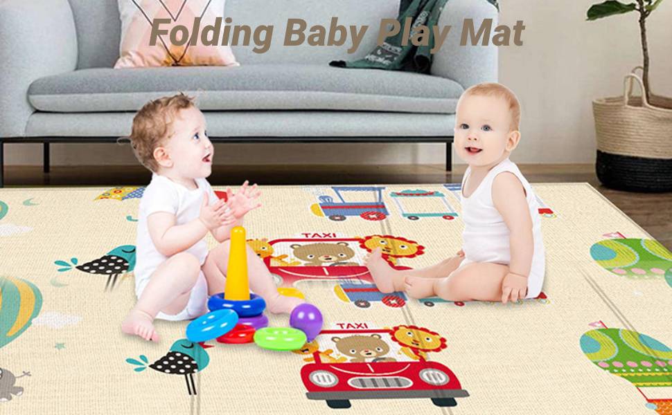 Folding Baby Play Mat Animal Traffic Pattern TwoSided