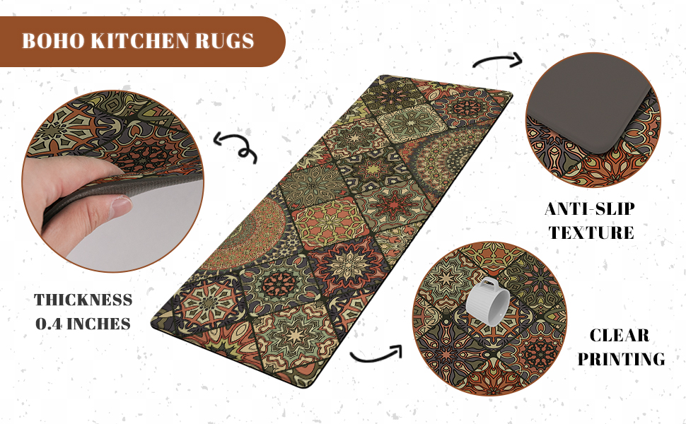 keensoft Boho Kitchen Rugs Mats Set of 2 Anti Fatigue Cushioned Kitchen Floor Mat