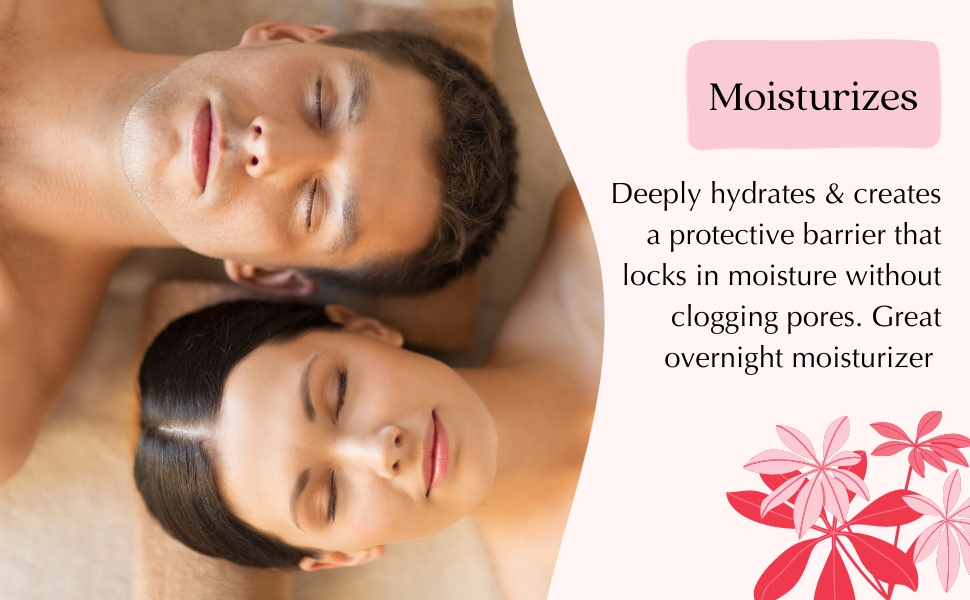 Moisturizes. Deeply hydrates & creates a barrier that locks in moisture without clogging pores.