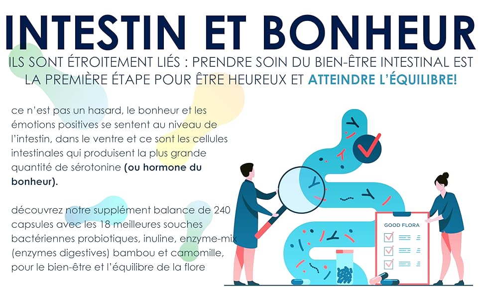 sur la santé et le bien-être intestinaux. Illustre le lien entre la santé intestinale et le bonheur général, à l'aide de figures et d'icônes humaines simplifiées.