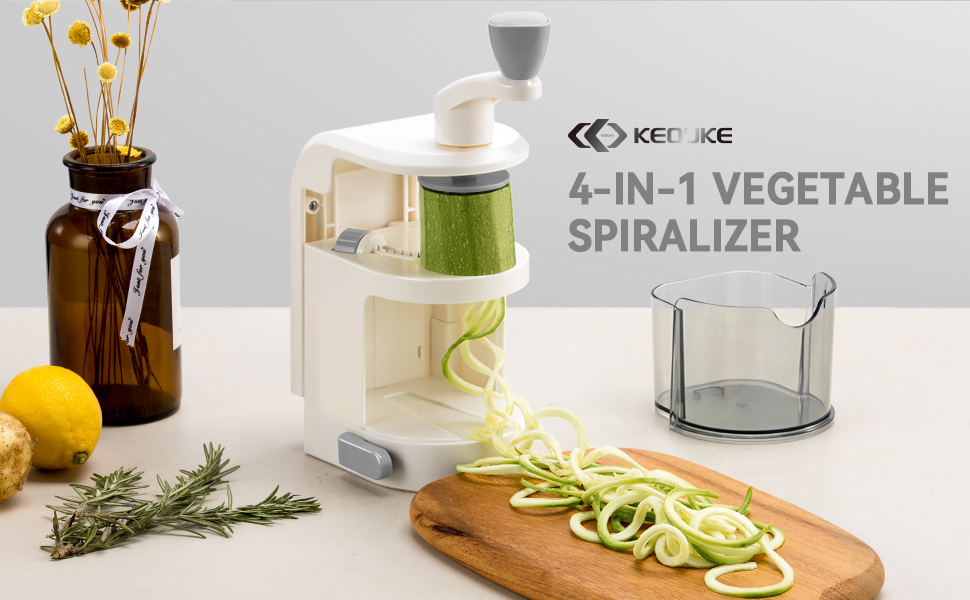 KEOUKE Vegetable Spiralizer 4IN1 Rotating Blade Veggie Spiralizer with Container