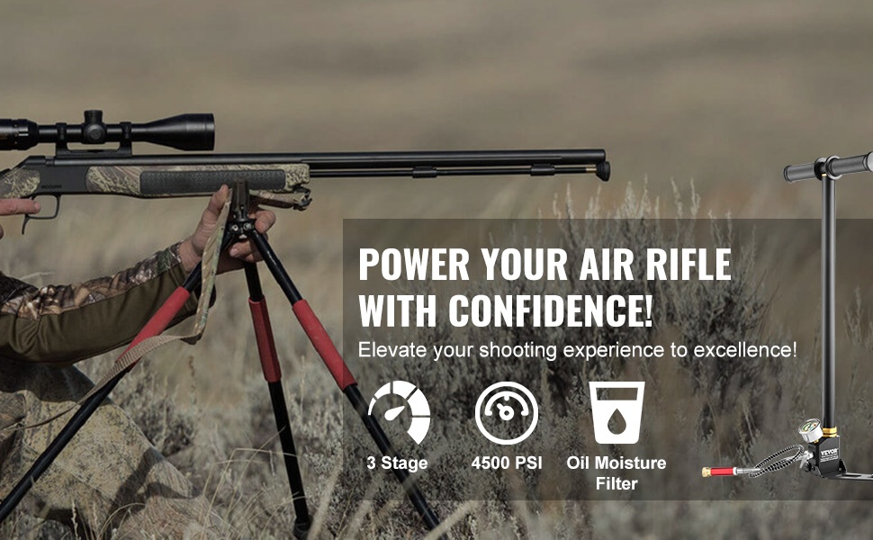 Il testo recita «POWER YOUR AIR RIFLE WITH CONFIDENCE» con tre icone circolari che mostrano le caratteristiche. Lo sfondo mostra una carabina ad aria compressa con cannocchiale ambientata all'aperto.