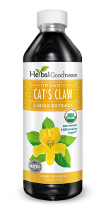Yellow banded bottle with a cat's claw leaf and flower on bottle, herbal goodness logo