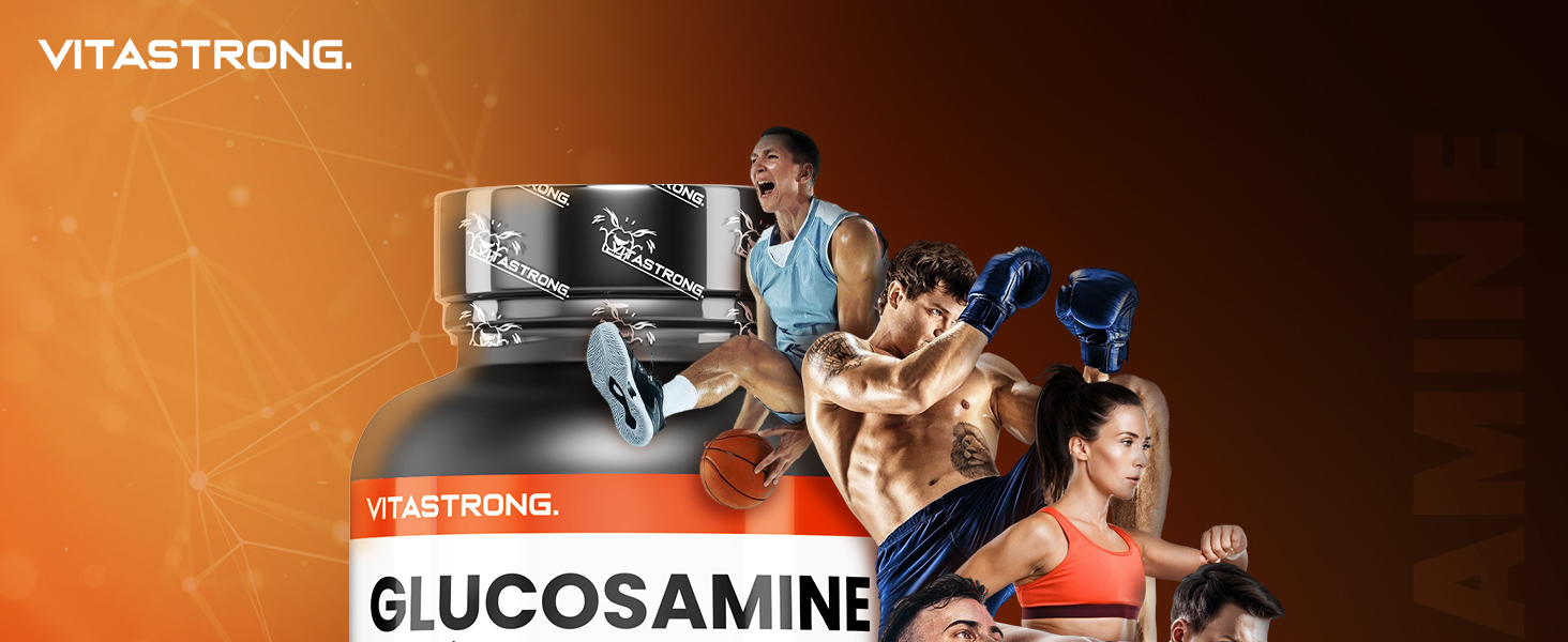 Le texte indique « VITA&PROS ». Images publicitaires de produits teintées en orange montrant un flacon de supplément et un emballage avec étiquetage de glucosamine.