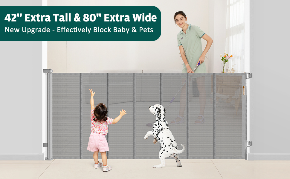 Reinforced 42” Extra Tall x 80” Wide Retractable Baby Gates
