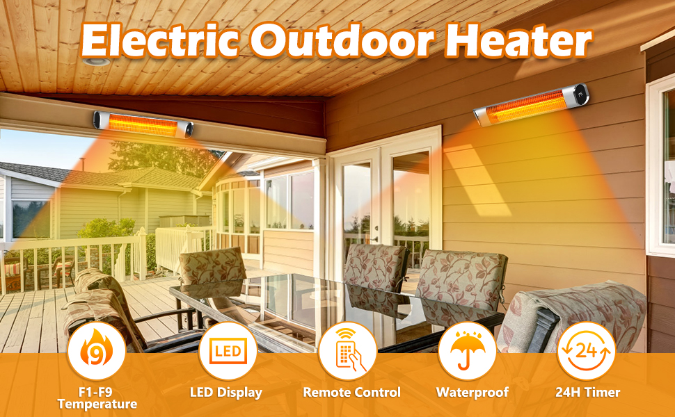 Infrared Patio Heater Electric Outdoor Heater 3s Instant Warm Quiet Gold Tube with 9