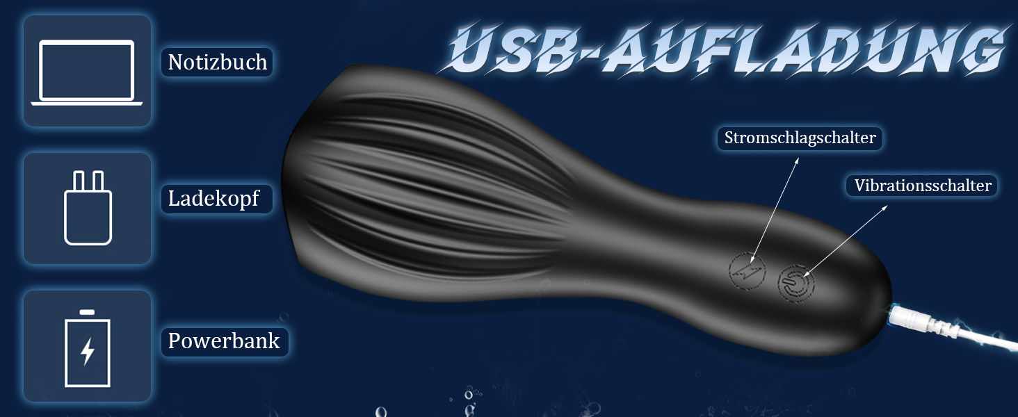 Der Text lautet 'USB-AUFLADUNG'. Dunkelblaues Schnittstellendesign mit USB-Ladesymbolen und Verbindungsanzeigen mit weißen Symbolumrissen.