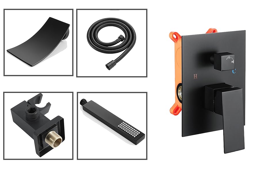 Mitigeur De Baignoire, Robinet De Baignoire Cascade, Robinet De Bain Mural, Encastrable Mitigeur De Douche Avec 1,5m Flexible De Douche En Acier Inoxydable, Douchette En Laiton, Noir, Style B 19 Robinet de Baignoire