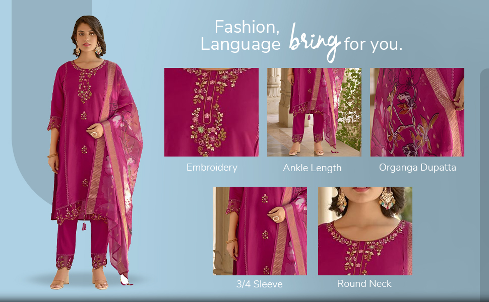 VredeVogel Women's Viscose Roman Silk Embroidered Kurta