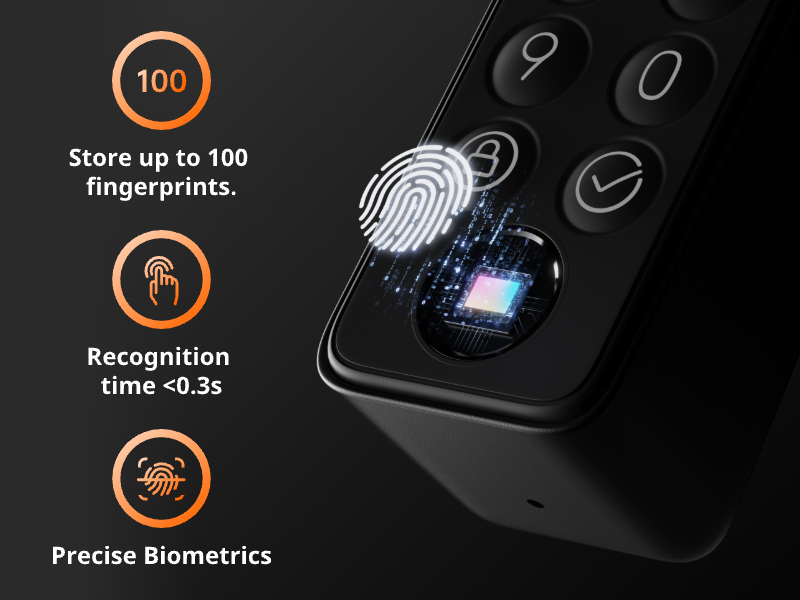 Smartphone fingerprint sensor interface. Icons show storage for 100 fingerprints, recognition time under 0.3 seconds, and precise biometrics. Fingerprint graphic on sensor.