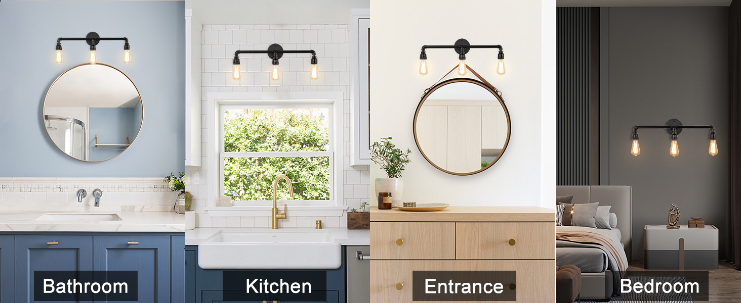 3-Light Matte Black Bathroom Vanity Light