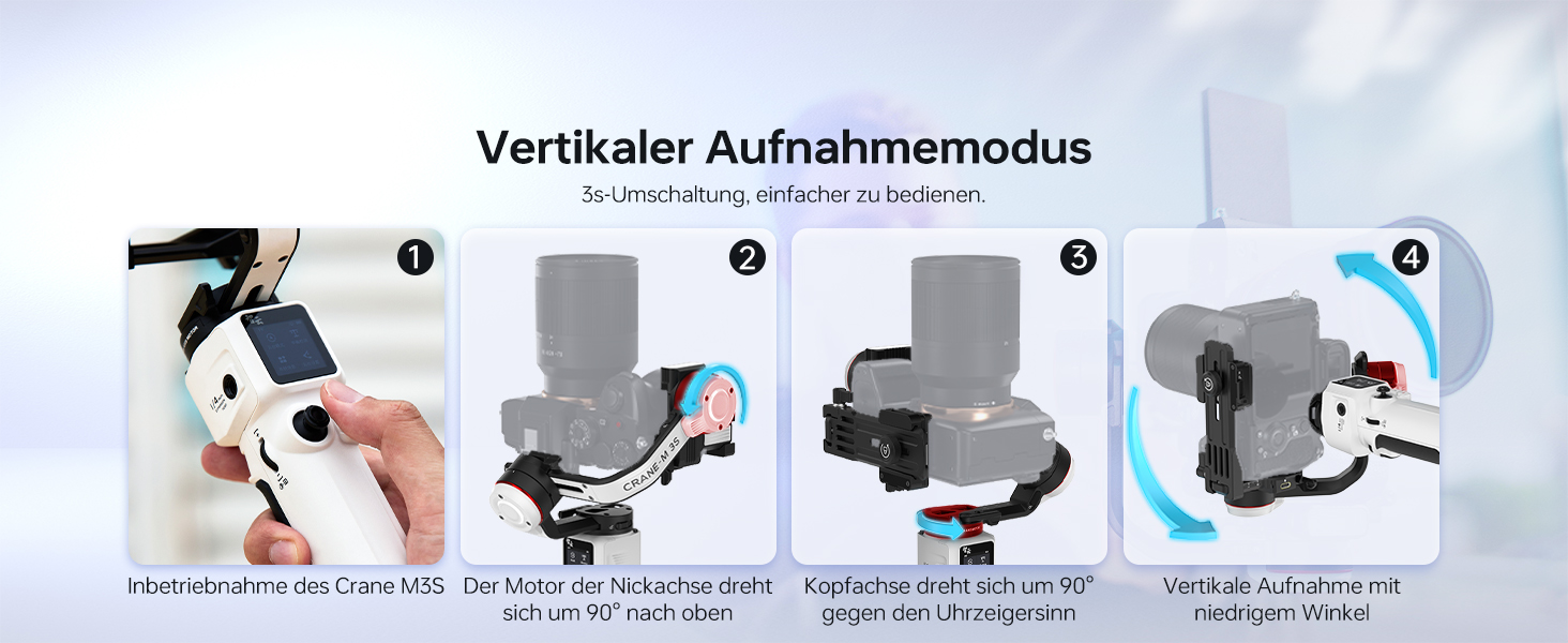 Demonstration eines vertikalen Handstaubsaugers in vier Schritten: Düse ausfahren, Bürste anbringen, auf Möbeln verwenden und angesammelter Schmutz entleeren