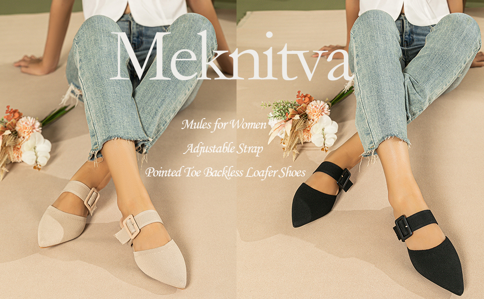 Meknitva Pointed Toe Mules for Women Flats，Slip On Mules