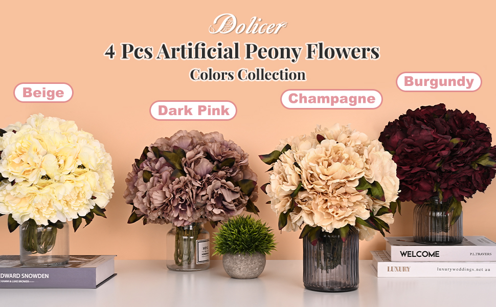 Dolicer 4Pcs Artificial Peonies Flowers, 15.7" Dark Pink