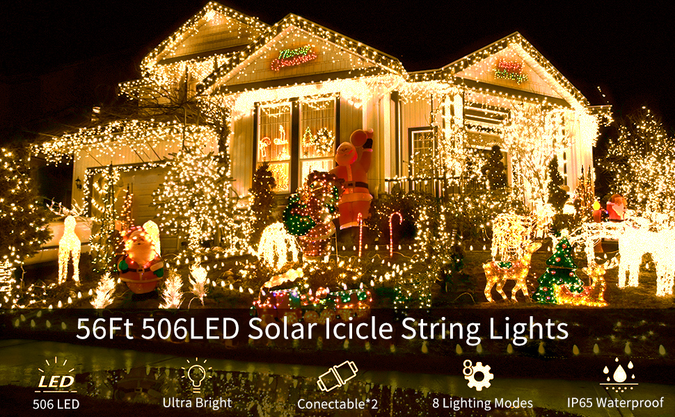 GCMacau Solar Icicle Lights 12+5M/ 506 LEDs Christmas Icicle Fairy