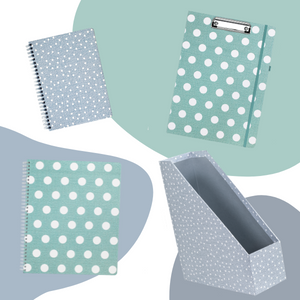 textured dots stationery, clipfolio, magazine holders, mini and large notebook