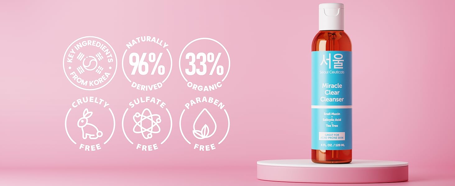 SeoulCeuticals Snail Mucin Cleanser on podium with 6 badges showing snail face wash key benefits