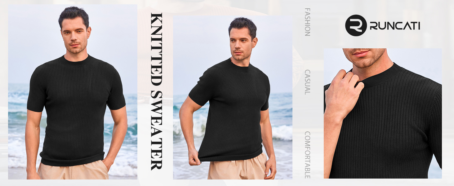 Mens Casual Slim Fit Basic Tops Short Sleeve Shirt Turtleneck T Shirts Rib Knitted Stretch Sweater