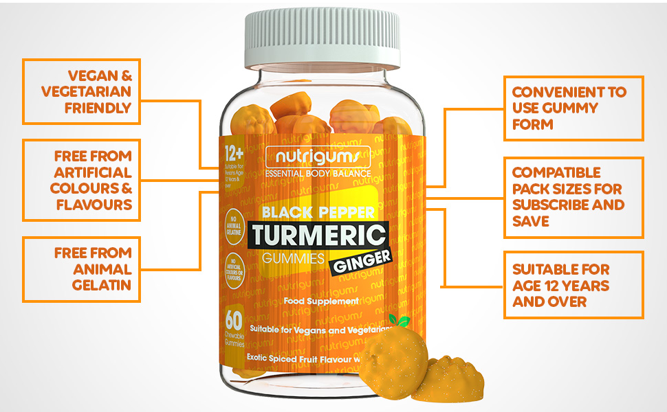 NUTRIGUMS® - Turmeric Complex 60 Vegan Gummies. Light Spiced Fruit - Best Turmeric Gummies With Black Pepper