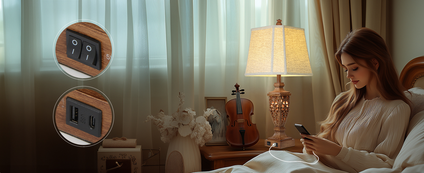 28.5" Vintage Brown Table Lamps Set of 2 With Night Light,Lamps for