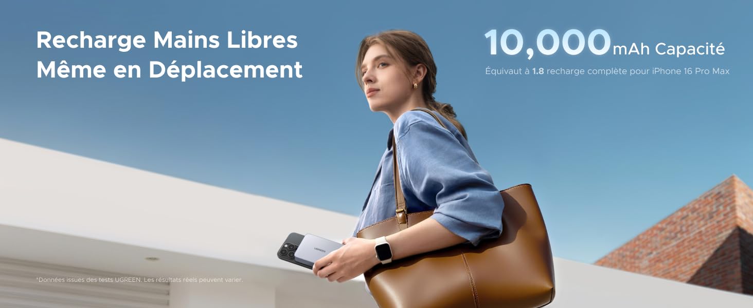 Le texte indique « Recharge Mains Libres » et « Capacité de 10 000 mAh ». Affiche des images promotionnelles relatives à une batterie externe portable ou à un appareil de recharge.
