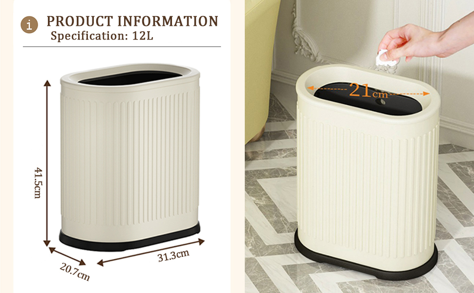 12L Bathroom Trash Bin, Slim Stainless Steel Open Top Rubbish Bin, Narrow Garbage Bin with Inner