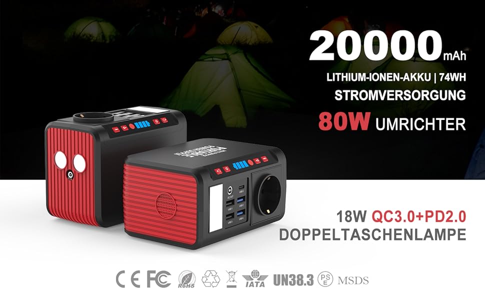 CAPTOK Powerbank 230V mit Steckdose 20000mAh Schnellladen, 6 Ladeanschlüsse 74Wh Solar Generator