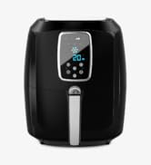 Black air fryer with digital display showing temperature of 20°C. Features a removable basket and touch-sensitive control panel.
