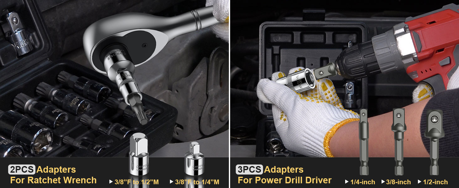 Tool adapter set with ratchet wrench and power drill driver attachments. Multiple sizes of adapters shown in a case and in use.