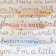 Personalized bar bracelets with custom engravings. Gold bracelet with rose gold silver bracelet