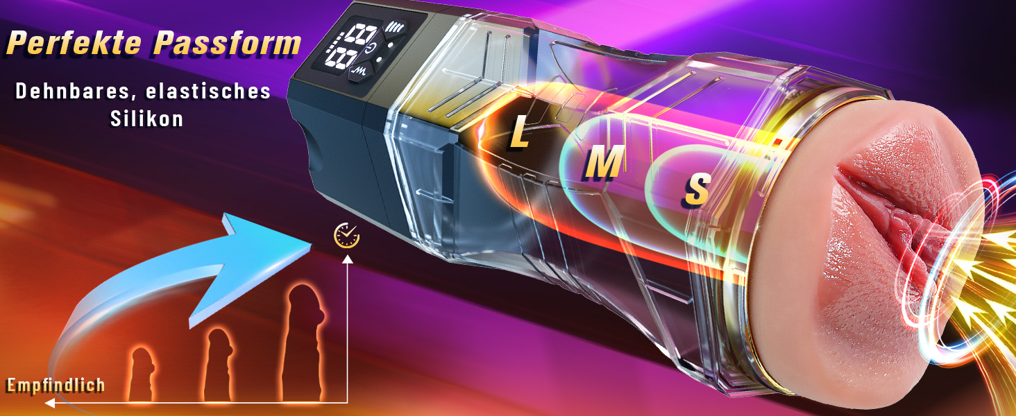 Der Text lautet 'Perfekte Passform'. Die Produktabbildung zeigt die Größenanzeigen S, M, L mit violetten und rosafarbenen Lichteffekten und Richtungspfeilen.