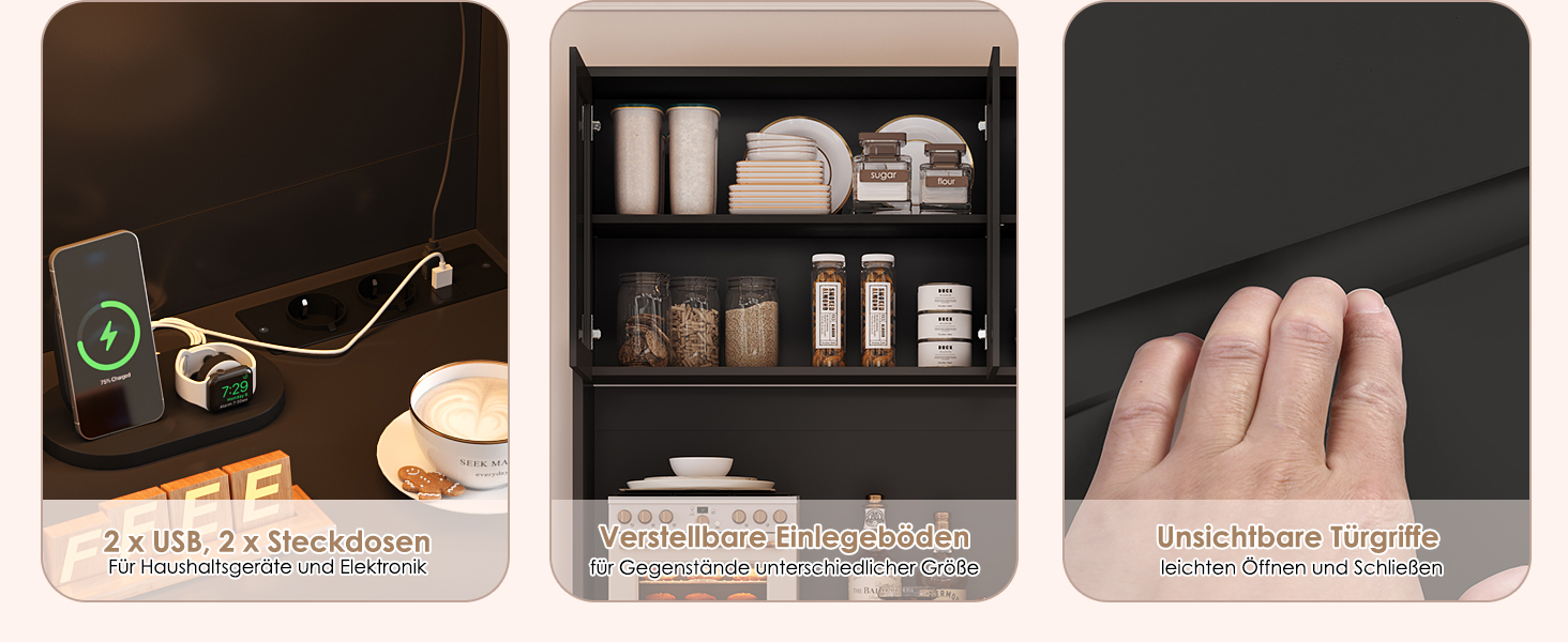 Drei Paneele mit Aufbewahrungslösungen für die Küche: Ladestation für Geräte, Schrank mit organisierten Regalen für Lebensmittelbehälter und eine Schublade mit sanftem Öffnungsmechanismus, der von Hand gezeigt wird