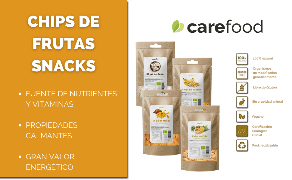 chips de coco, chips de mango, chips de piña, chips de platano, comida vegana, snack saludable