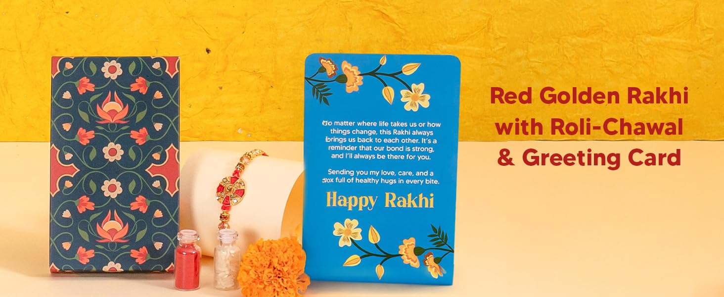 Red-Golden Rakhi with Roli-Chawal Set & Greeting Card